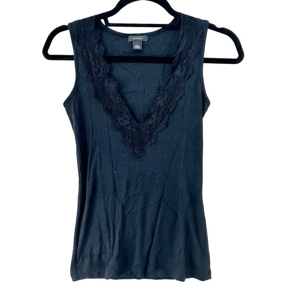 NWOT Halogen Peek-a-boo v neck lace trim ribbed tank top in black womens small - Picture 1 of 8